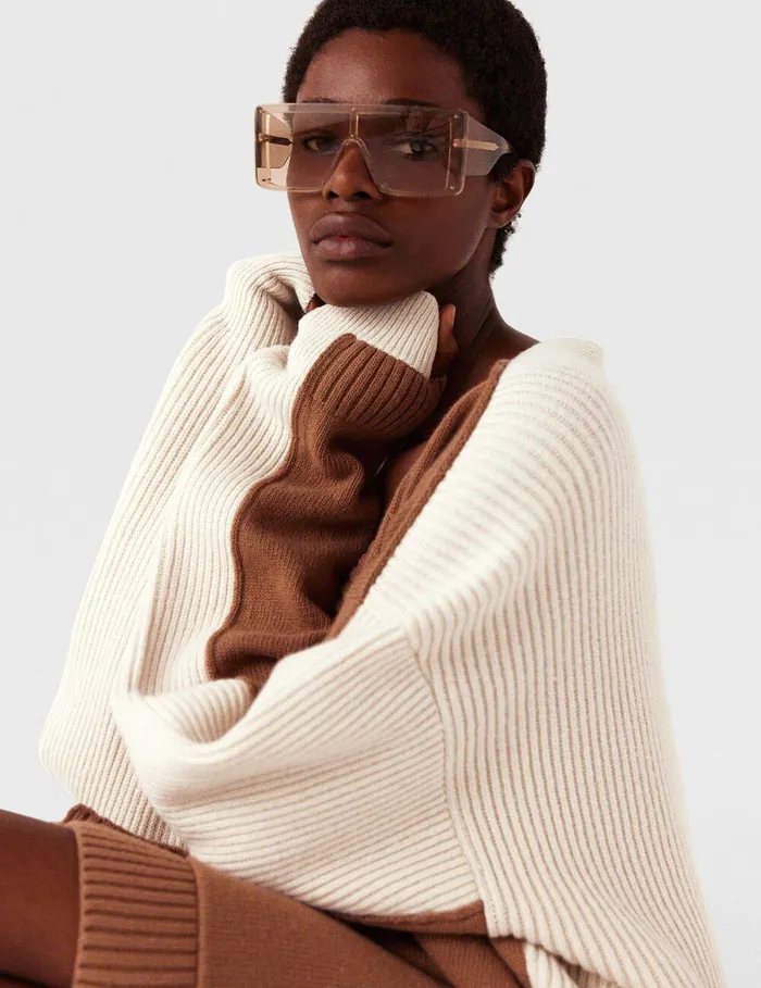 Stella McCartney Knitwear Women Hybrid Oversized VNeck Cardigan Light Brown White Stella McCartney Knitwear Women Hybrid Oversized VNeck Cardigan Light Brown White