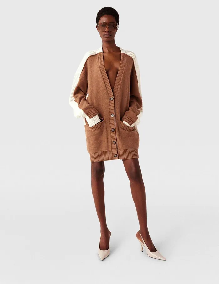 Stella McCartney Knitwear Women Hybrid Oversized VNeck Cardigan Light Brown White Stella McCartney Knitwear Women Hybrid Oversized VNeck Cardigan Light Brown White