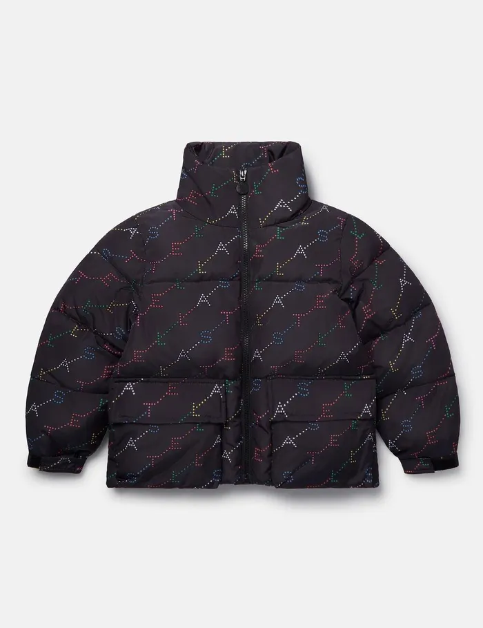 Stella McCartney Outerwear Kids Logo Pattern Puffer Coat Black