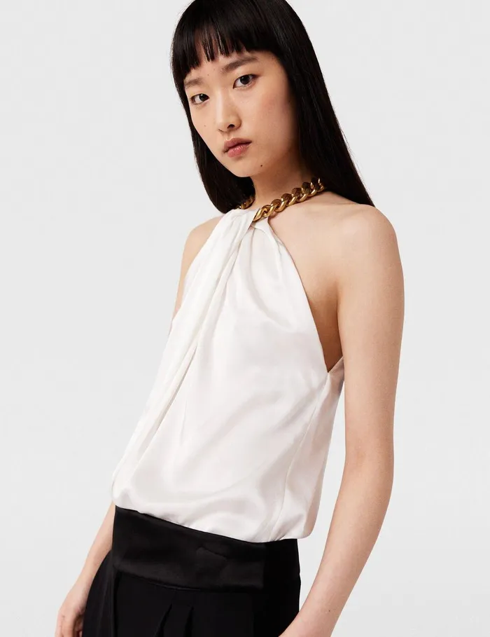 Stella McCartney Shirts And Tops Women Chain Halterneck Satin Top Pure White Stella McCartney Shirts And Tops Women Chain Halterneck Satin Top Pure White