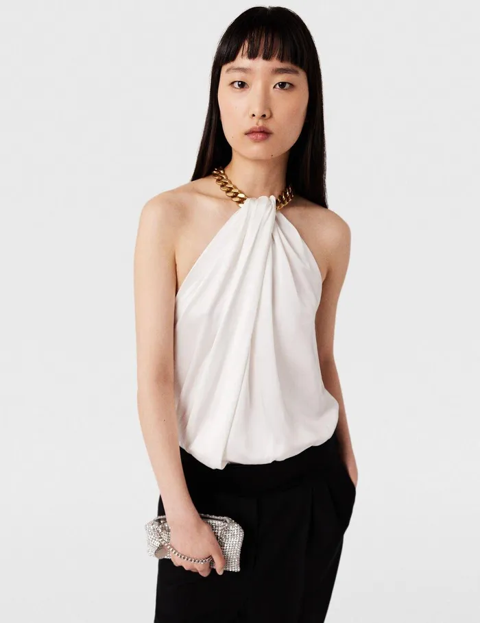 Stella McCartney Shirts And Tops Women Chain Halterneck Satin Top Pure White Stella McCartney Shirts And Tops Women Chain Halterneck Satin Top Pure White
