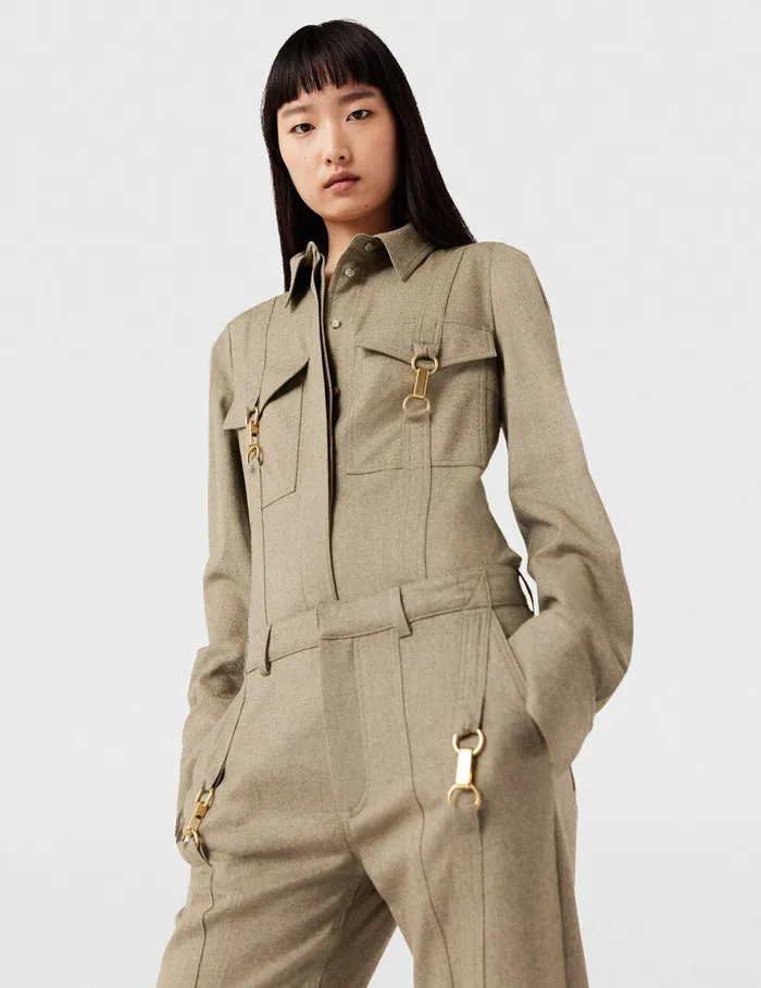 Stella McCartney Shirts And Tops Women ClaspEmbellished Wool Shirt Light Moss Beige Stella McCartney Shirts And Tops Women ClaspEmbellished Wool Shirt Light Moss Beige