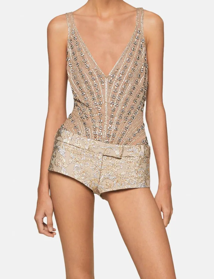 Stella McCartney Shirts And Tops Women Glass BeadEmbellished Bodysuit Nude Beige