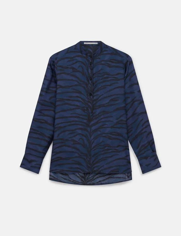 Stella McCartney Shirts And Tops Women Tiger Print Grandfather Collar Shirt Navy Tiger Print Stella McCartney Shirts And Tops Women Tiger Print Grandfather Collar Shirt Navy Tiger Print