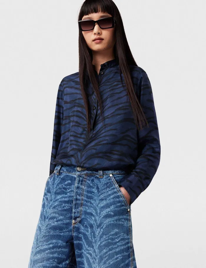 Stella McCartney Shirts And Tops Women Tiger Print Grandfather Collar Shirt Navy Tiger Print Stella McCartney Shirts And Tops Women Tiger Print Grandfather Collar Shirt Navy Tiger Print