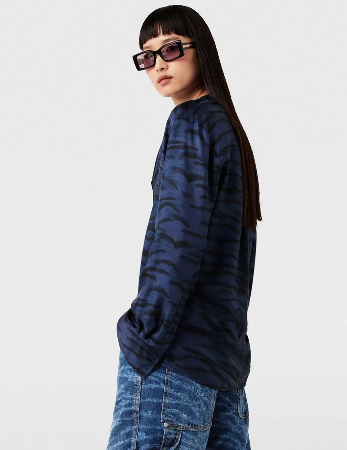 Stella McCartney Shirts And Tops Women Tiger Print Grandfather Collar Shirt Navy Tiger Print Stella McCartney Shirts And Tops Women Tiger Print Grandfather Collar Shirt Navy Tiger Print