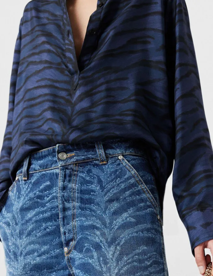 Stella McCartney Shirts And Tops Women Tiger Print Grandfather Collar Shirt Navy Tiger Print Stella McCartney Shirts And Tops Women Tiger Print Grandfather Collar Shirt Navy Tiger Print