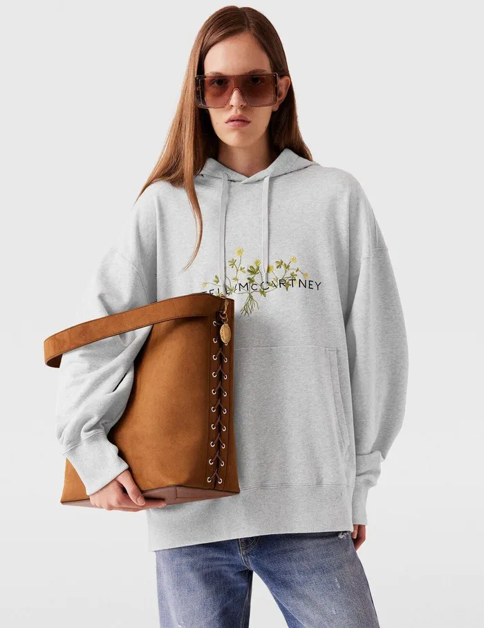 Stella McCartney Sweatshirts And TShirts Women Floral Embroidered Logo Hoodie Grey Melange