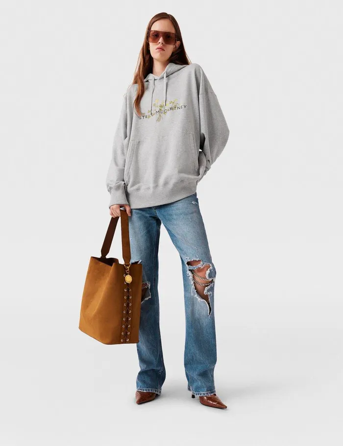 Stella McCartney Sweatshirts And TShirts Women Floral Embroidered Logo Hoodie Grey Melange