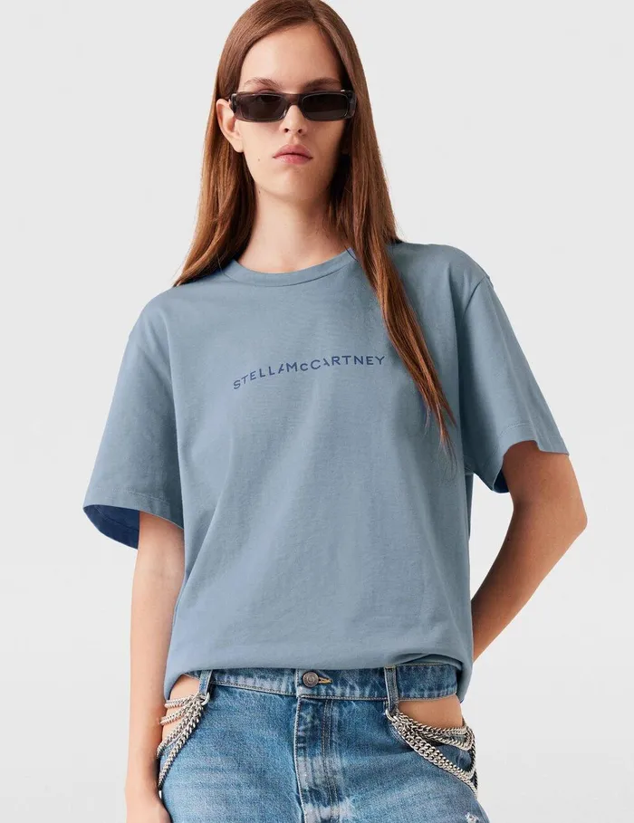 Stella McCartney Sweatshirts And TShirts Women Logo Oversized Cotton TShirt Mineral Blue