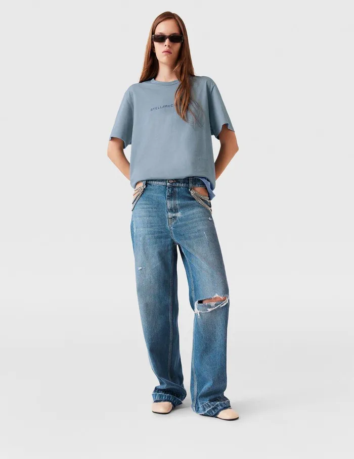Stella McCartney Sweatshirts And TShirts Women Logo Oversized Cotton TShirt Mineral Blue