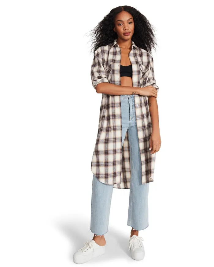 Steve Madden Plaid Duster Blue Womens Jackets and Coats