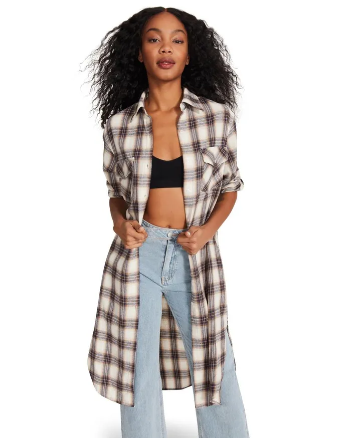 Steve Madden Plaid Duster Blue Womens Jackets and Coats