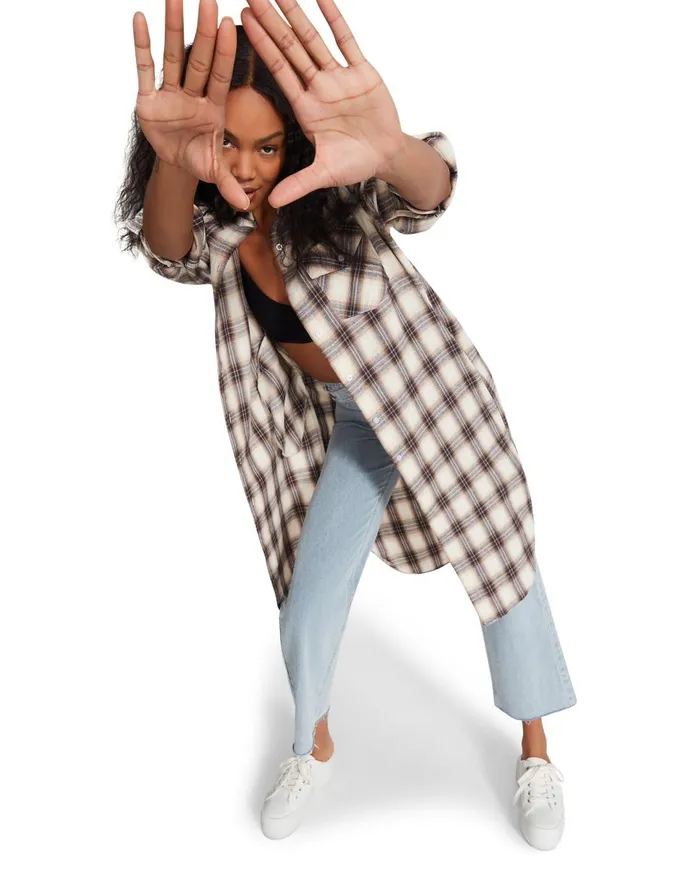 Steve Madden Plaid Duster Blue Womens Jackets and Coats