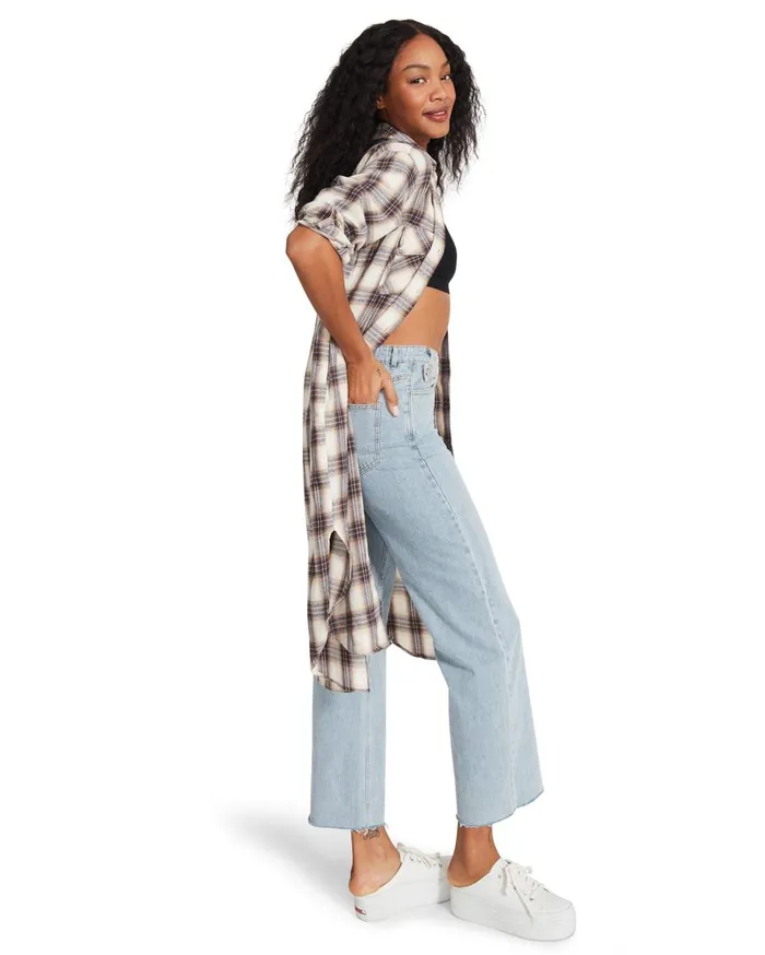 Steve Madden Plaid Duster Blue Womens Jackets and Coats