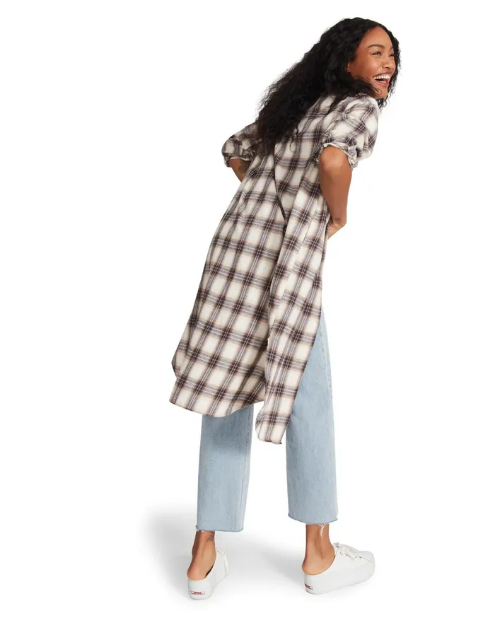Steve Madden Plaid Duster Blue Womens Jackets and Coats
