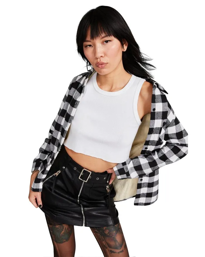 Steve Madden Teddy Lined Flannel Black Womens Jackets and Coats