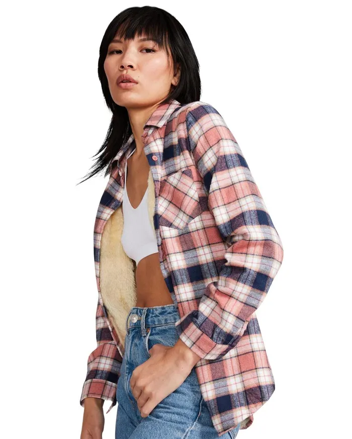 Steve Madden Teddy Lined Flannel Pink Womens Tops