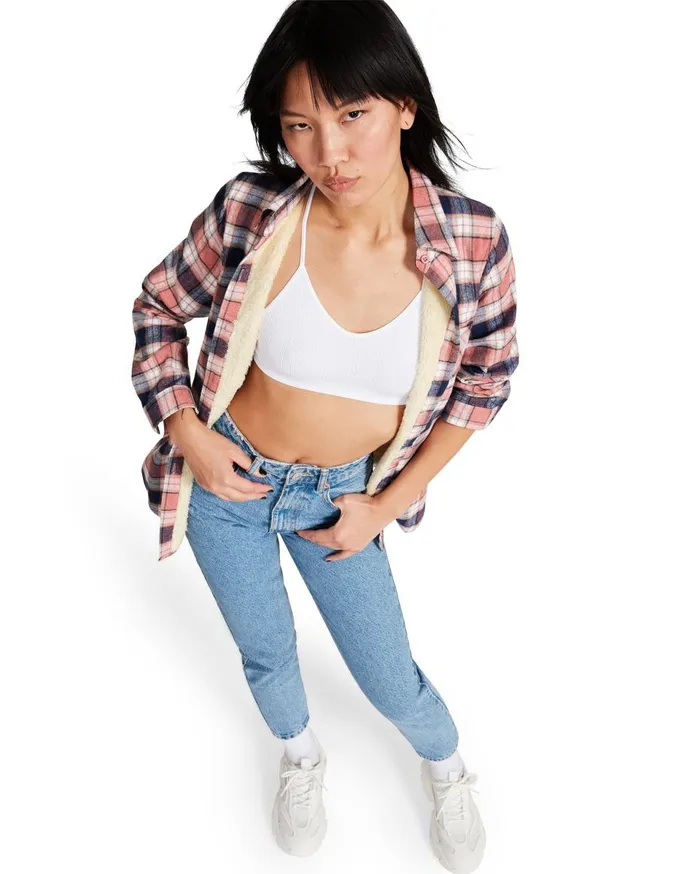 Steve Madden Teddy Lined Flannel Pink Womens Tops Steve Madden Teddy Lined Flannel Pink Womens Tops