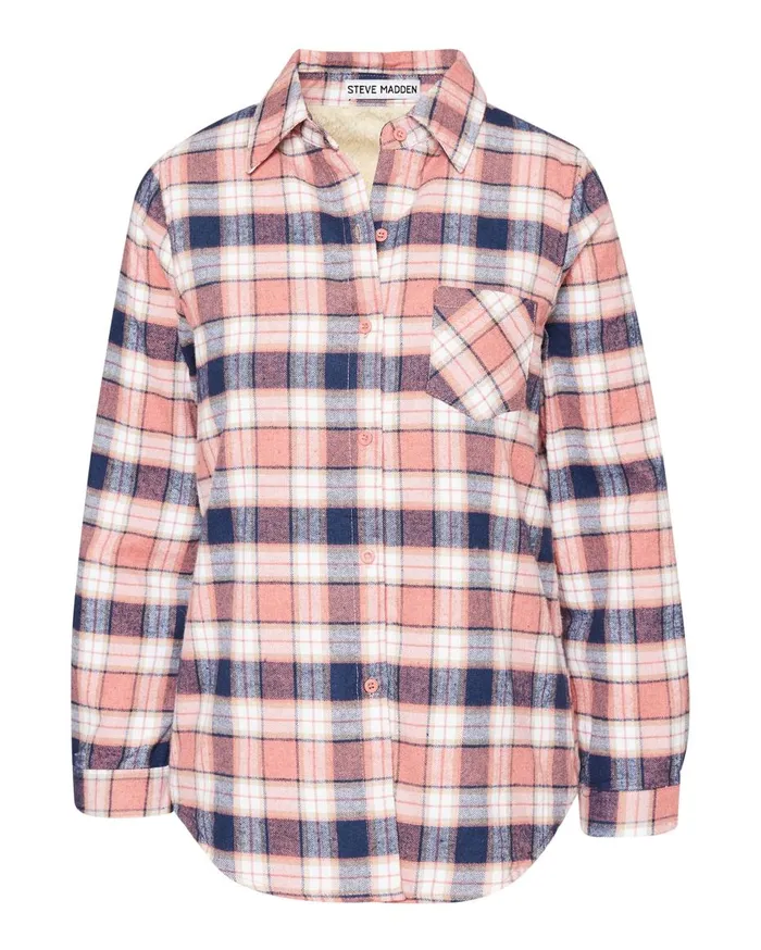 Steve Madden Teddy Lined Flannel Pink Womens Tops Steve Madden Teddy Lined Flannel Pink Womens Tops