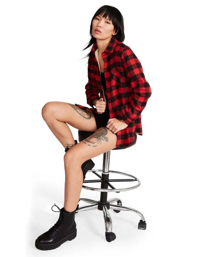 Steve Madden Teddy Lined Flannel Red Womens Tops Steve Madden Teddy Lined Flannel Red Womens Tops
