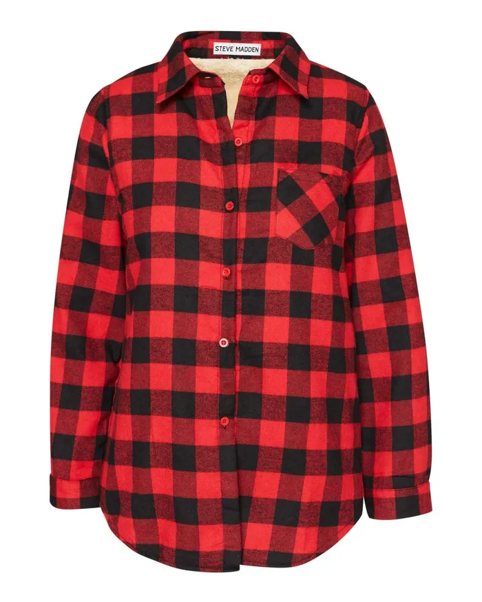 Steve Madden Teddy Lined Flannel Red Womens Tops Steve Madden Teddy Lined Flannel Red Womens Tops