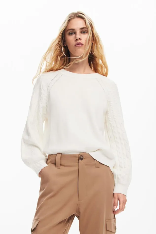 Sweaters Women Desigual Textured Sleeve Sweater White
