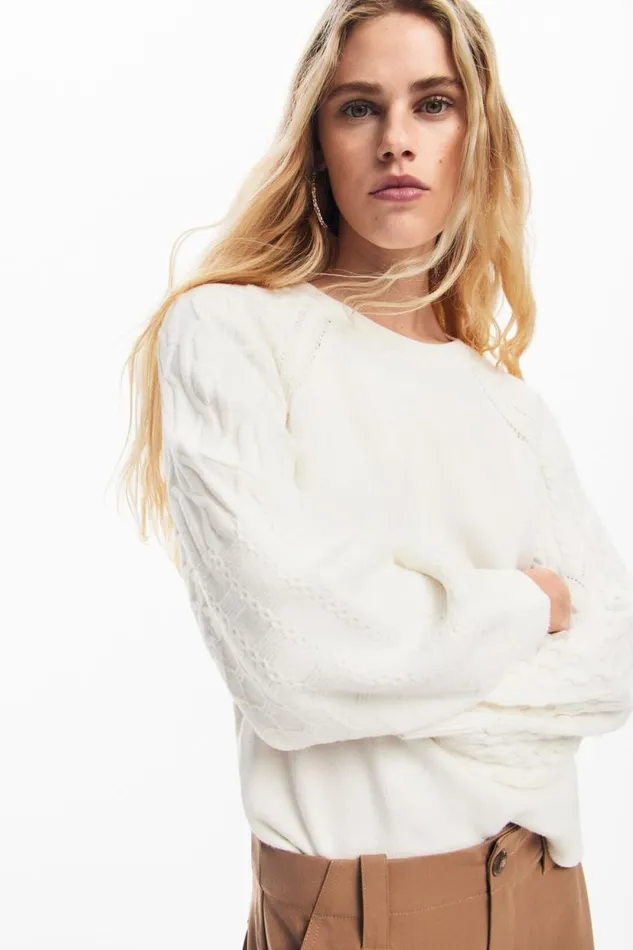 Sweaters Women Desigual Textured Sleeve Sweater White
