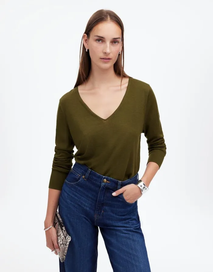 Sweaters Women Madewell Merino WoolSilk Blend VNeck Sweater Faded Ivy