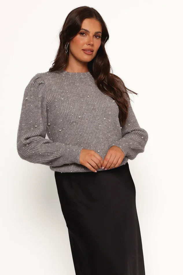 Sweaters Women Makena Pearl Detail Knit Sweater Heather Grey Petal and Pup
