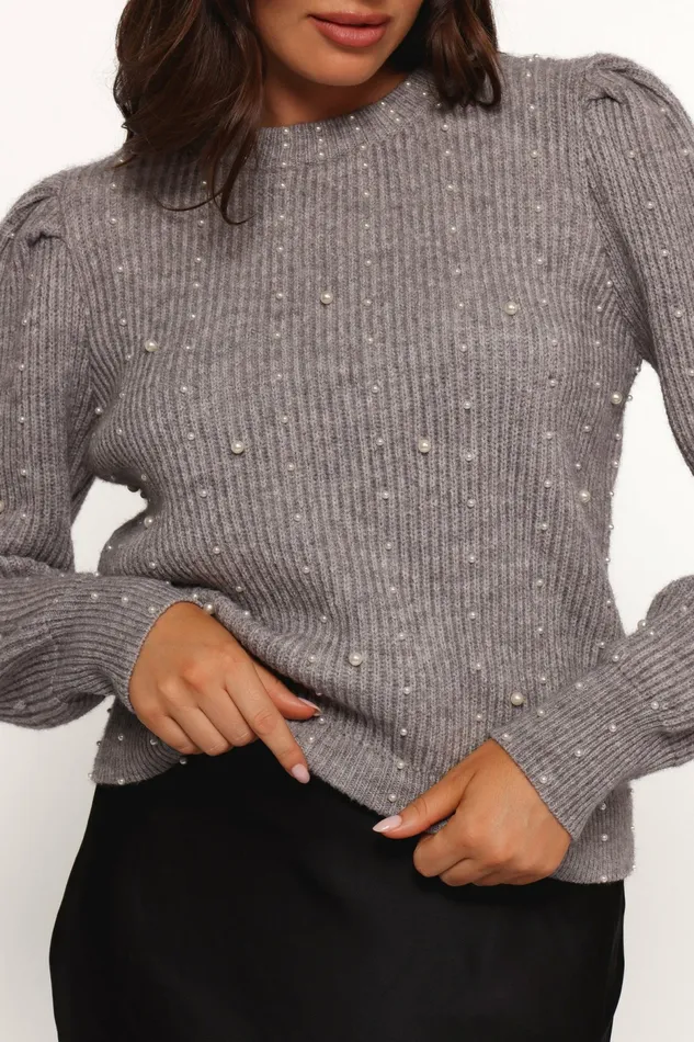 Sweaters Women Makena Pearl Detail Knit Sweater Heather Grey Petal and Pup