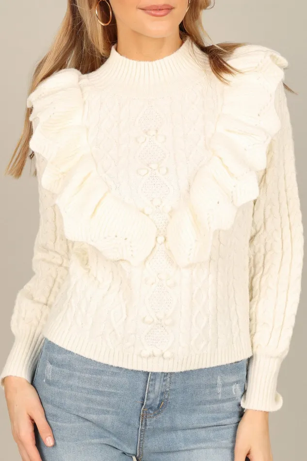 Sweaters Women Petal and Pup Annette Frilled Knit Sweater Ivory