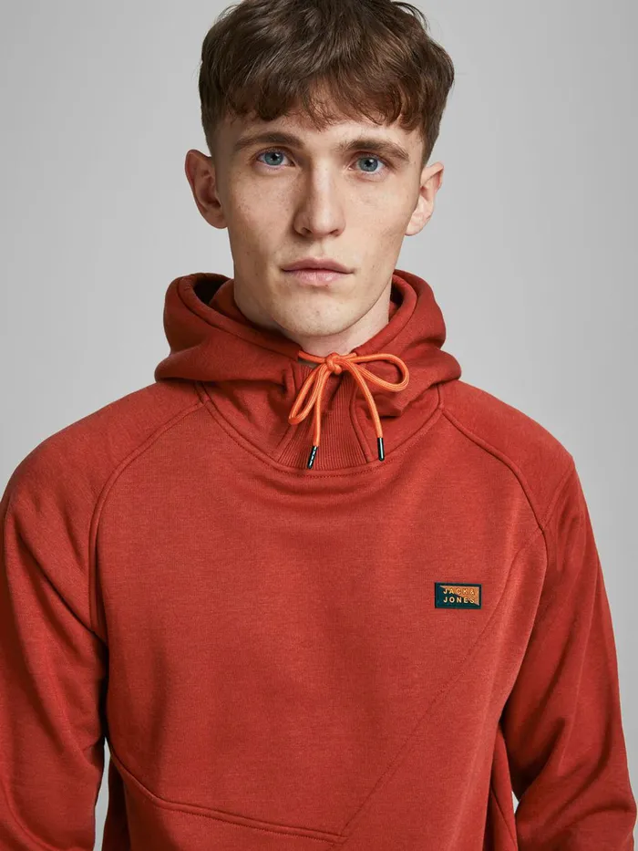 Sweatshirts JACK and JONES Mens ASYMMETRIC CUTLINE HOODIE Red Red Ochre For Sale