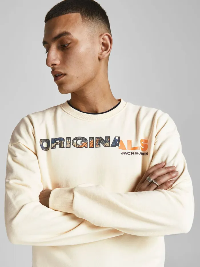 Sweatshirts JACK and JONES Mens ASYMMETRIC LOGO PRINT SWEATSHIRT Beige Seedpearl Gift for Friend