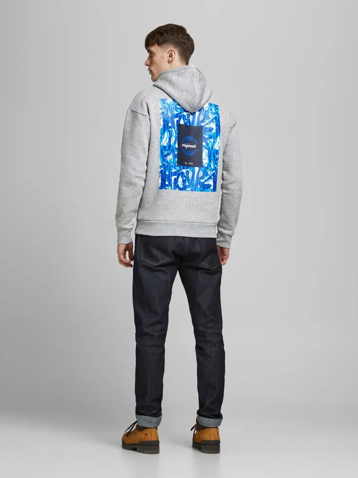 Sweatshirts JACK and JONES Mens BACK PRINT HOODIE Grey Light Grey Melange Casaul