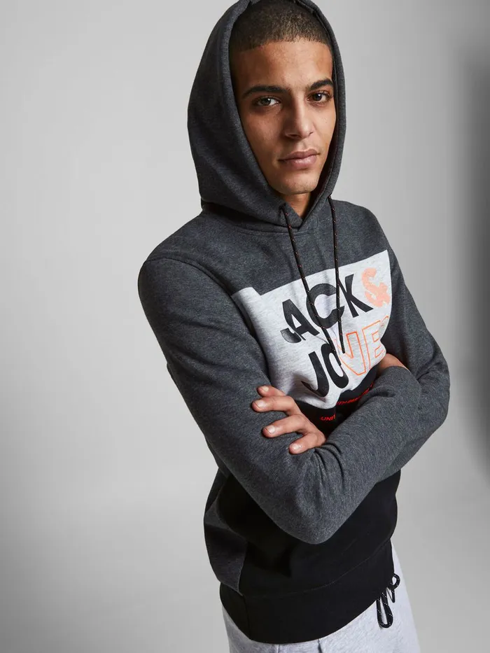Sweatshirts JACK and JONES Mens LOGO HOODIE Grey Dark Grey Melange Popular