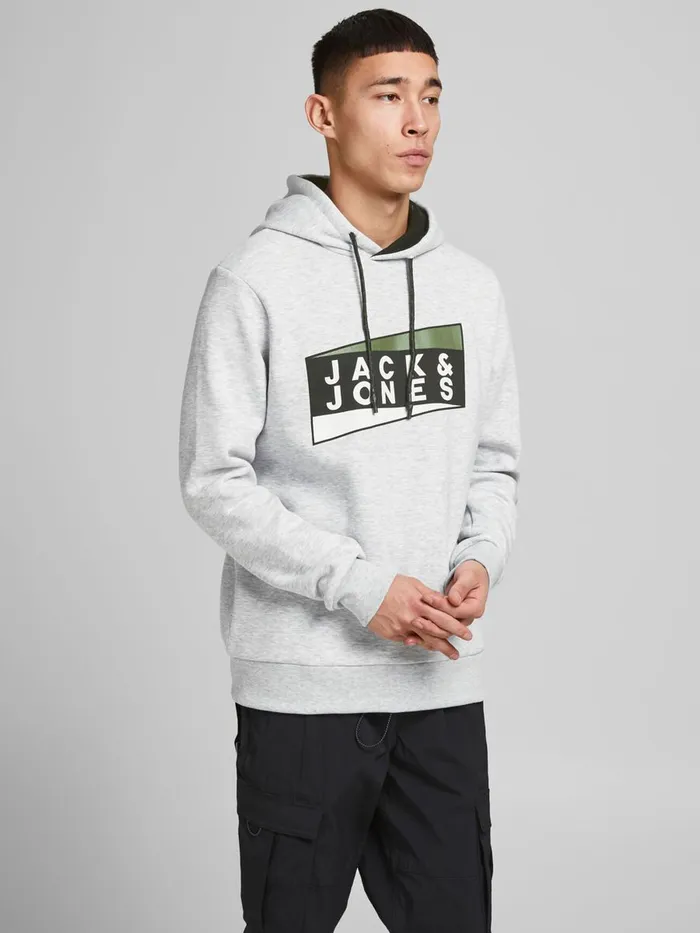 Sweatshirts JACK and JONES Mens LOGO HOODIE Grey Light Grey Melange Near Me