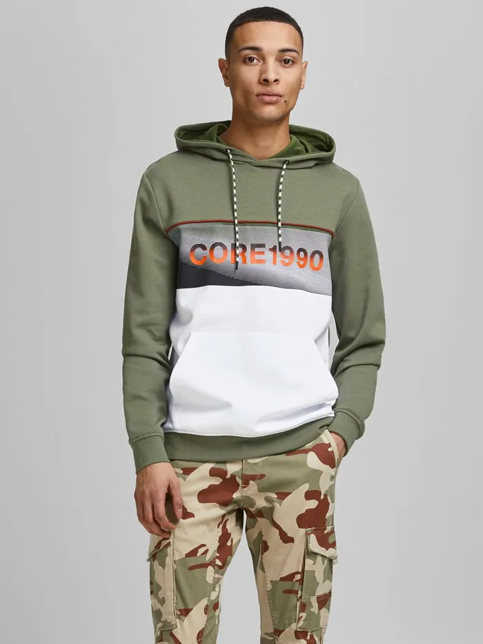Sweatshirts JACK and JONES Mens LOGO KANGAROO POCKET HOODIE Green Deep Lichen Green Popular