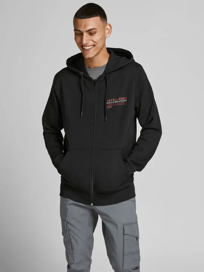 Sweatshirts JACK and JONES Mens ZIPPED HOODIE Black Black On Sale