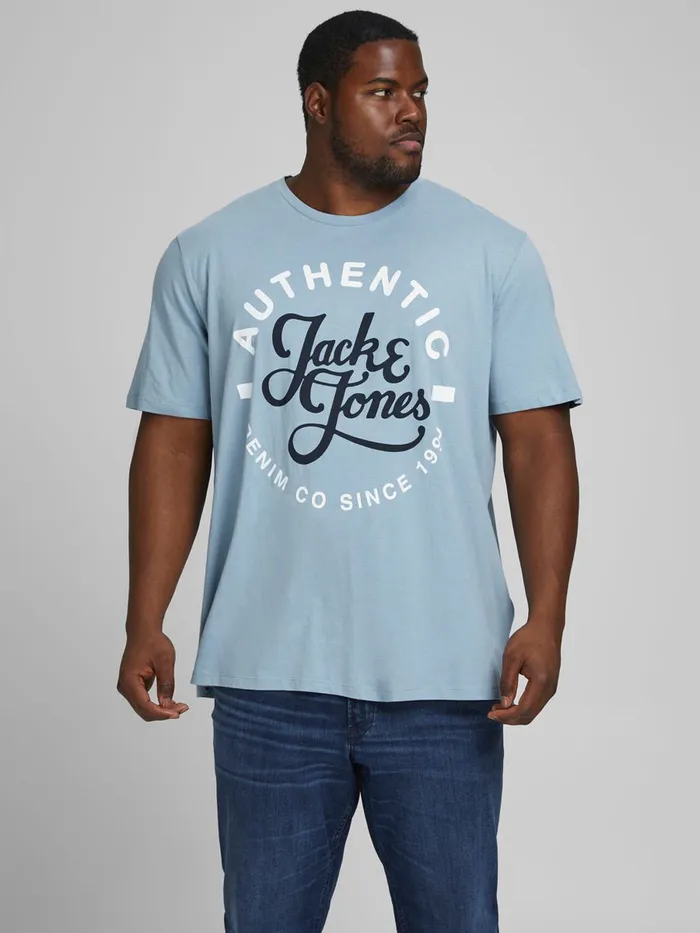 Tshirts JACK and JONES Mens CREW NECK LOGO PLUS SIZE TSHIRT Blue Faded Denim For Sale