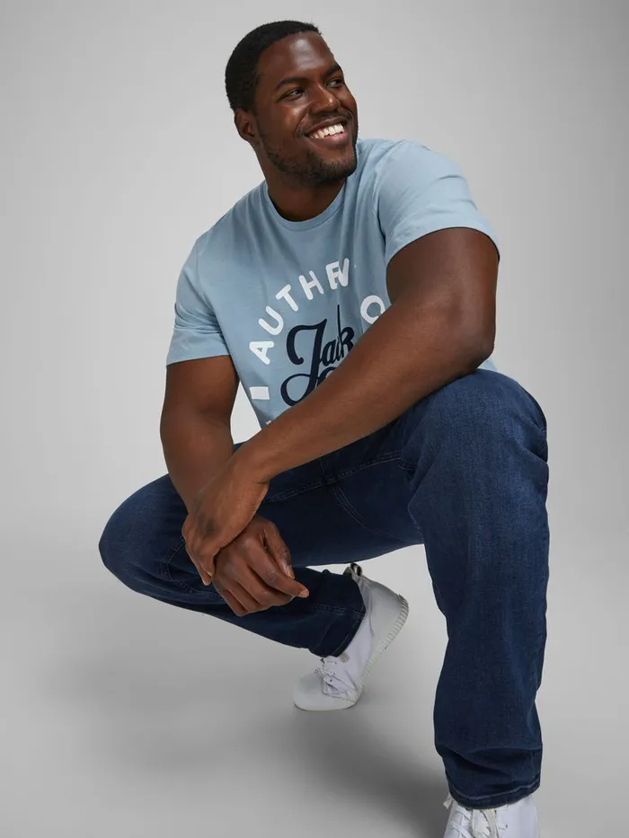 Tshirts JACK and JONES Mens CREW NECK LOGO PLUS SIZE TSHIRT Blue Faded Denim For Sale