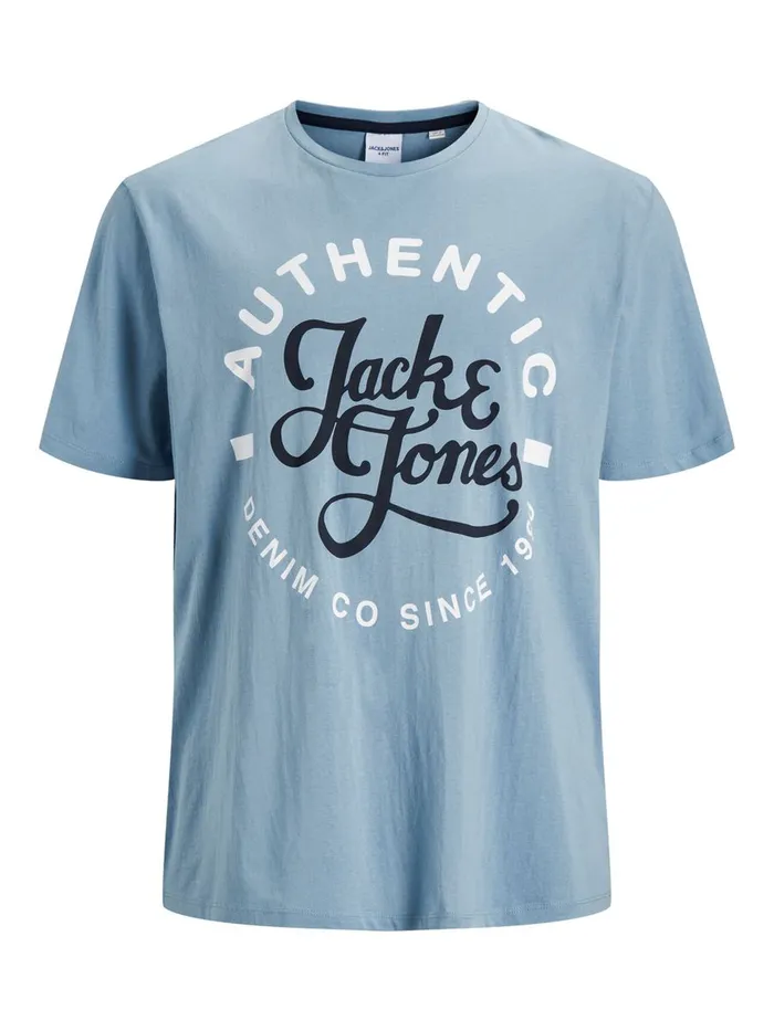 Tshirts JACK and JONES Mens CREW NECK LOGO PLUS SIZE TSHIRT Blue Faded Denim For Sale