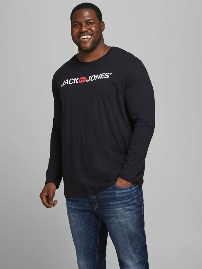 Tshirts JACK and JONES Mens CREW NECK PLUS SIZE LONGSLEEVED TSHIRT Black Black Gift 4 You