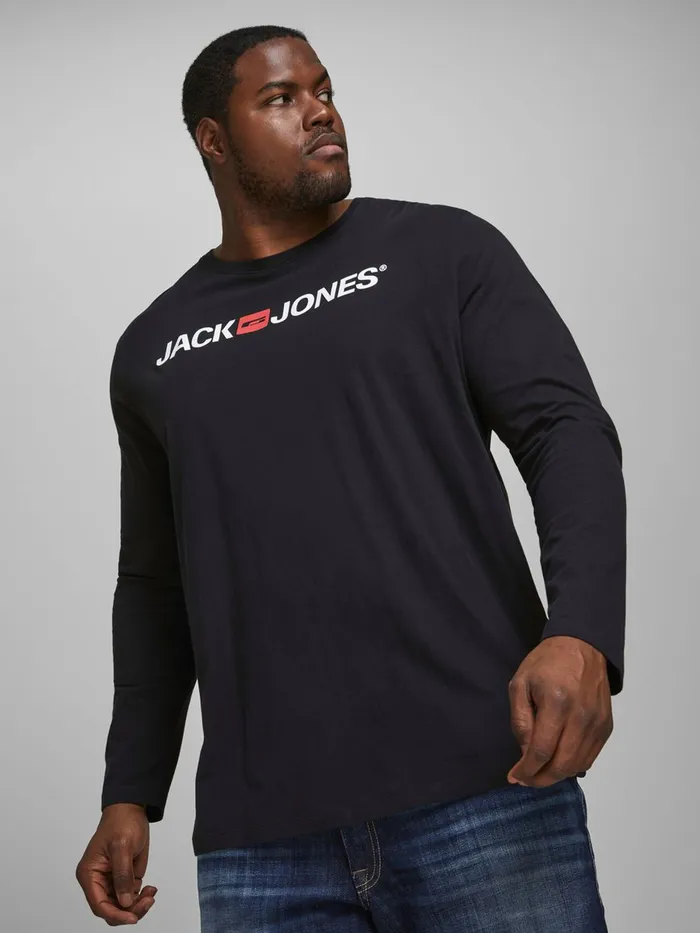 Tshirts JACK and JONES Mens CREW NECK PLUS SIZE LONGSLEEVED TSHIRT Black Black Gift 4 You