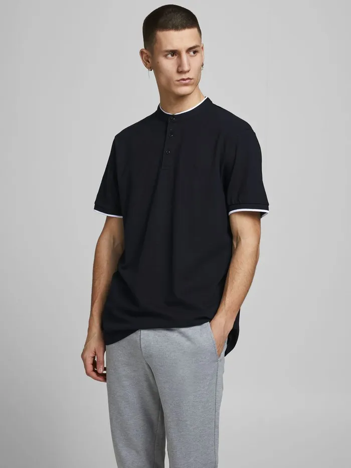 Tshirts JACK and JONES Mens PIQUE MANDARIN COLLAR POLO SHIRT Black Black Popular Tshirts JACK and JONES Mens PIQUE MANDARIN COLLAR POLO SHIRT Black Black Popular