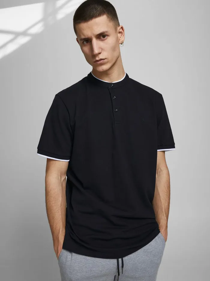 Tshirts JACK and JONES Mens PIQUE MANDARIN COLLAR POLO SHIRT Black Black Popular