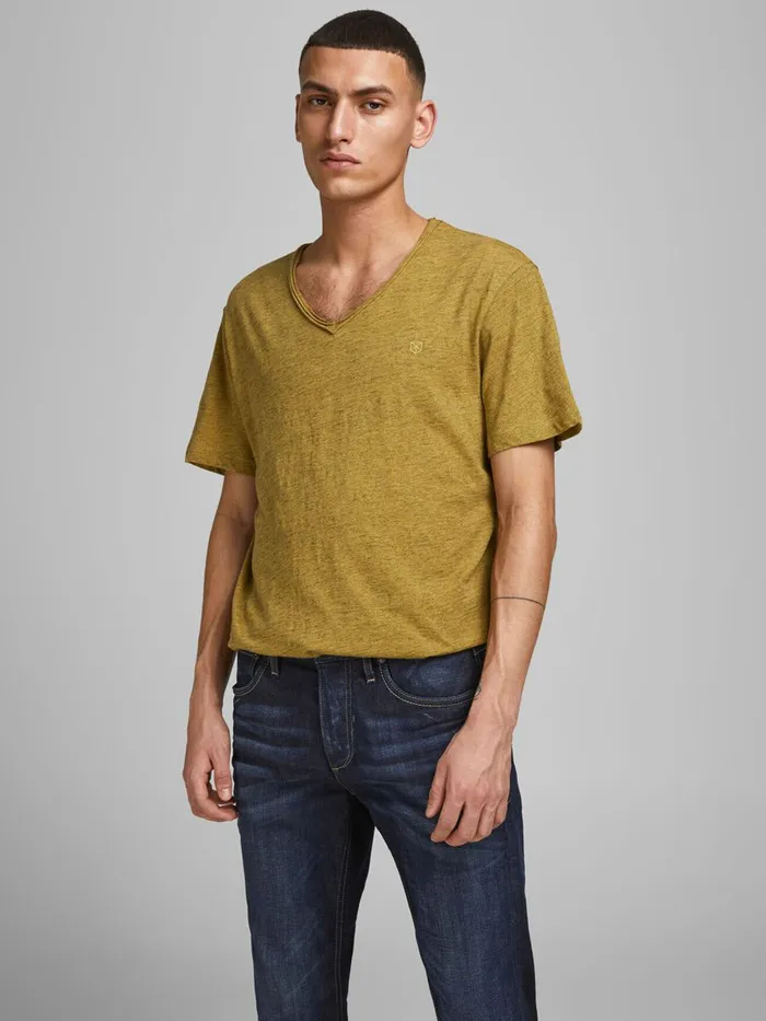 Tshirts JACK and JONES Mens ROLL EDGE VNECK TSHIRT Yellow Sauterne Online