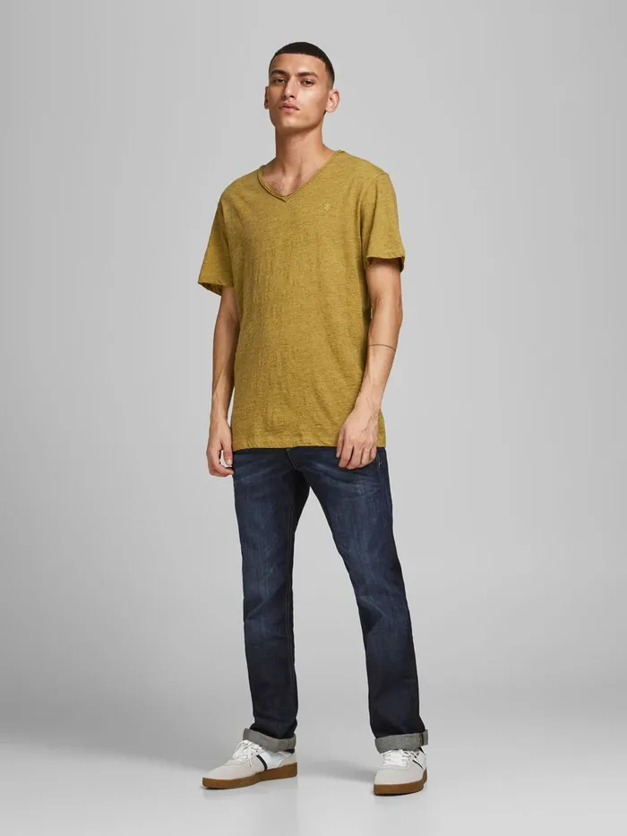 Tshirts JACK and JONES Mens ROLL EDGE VNECK TSHIRT Yellow Sauterne Online