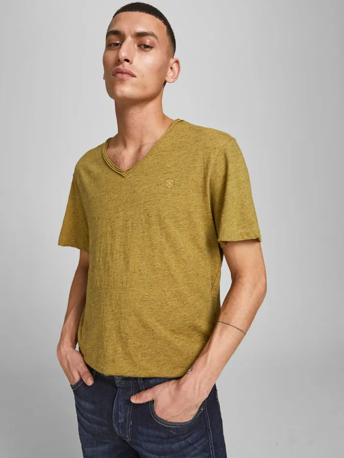 Tshirts JACK and JONES Mens ROLL EDGE VNECK TSHIRT Yellow Sauterne Online