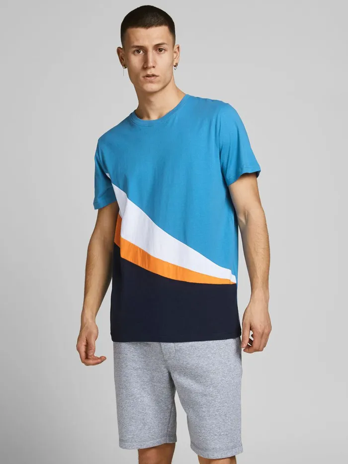 Tshirts JACK and JONES Mens WAVY COLOUR BLOCK TSHIRT Blue Deep Water On Sale